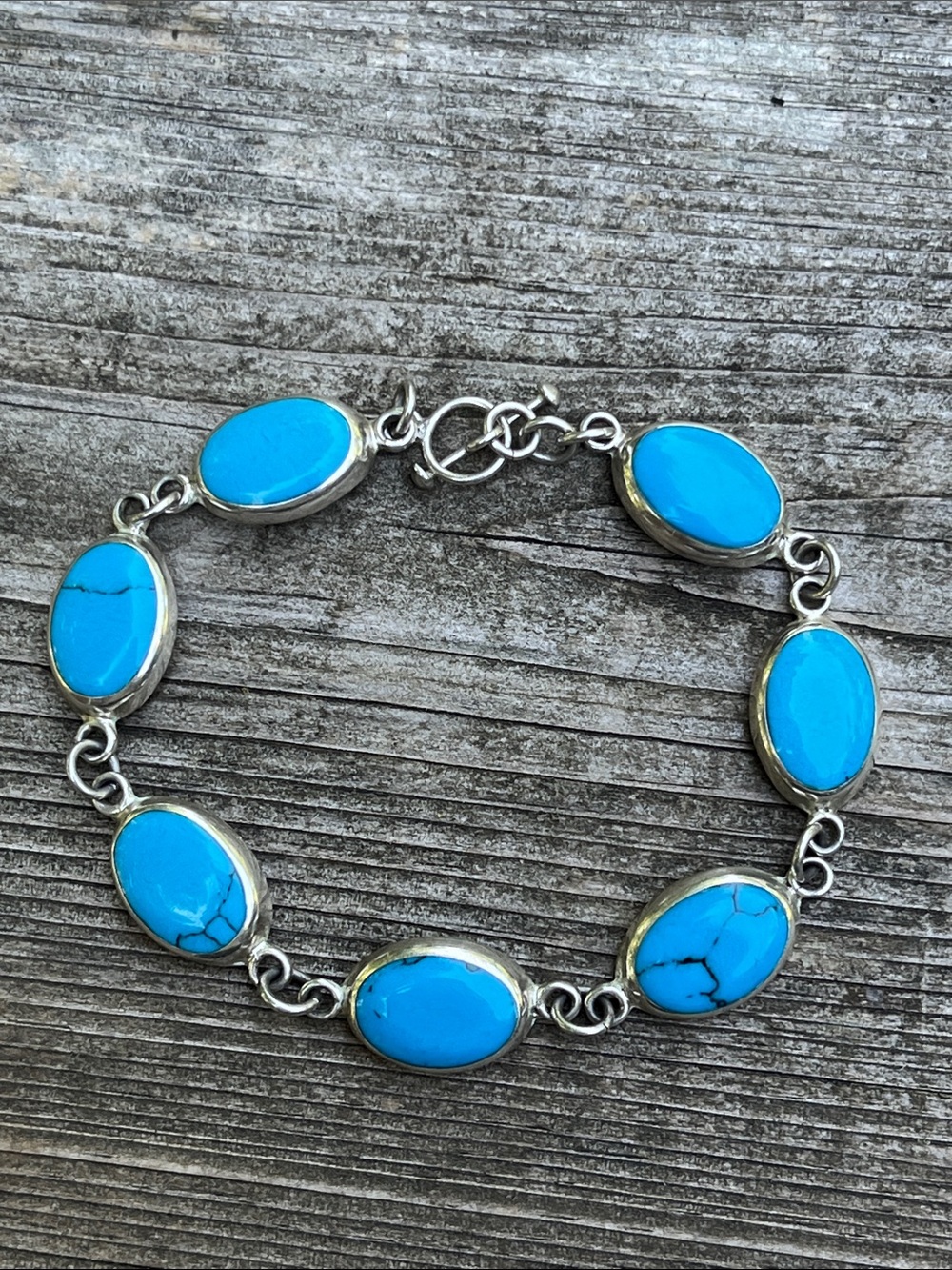 Turquoise Oval Stone Silver Link Bracelet